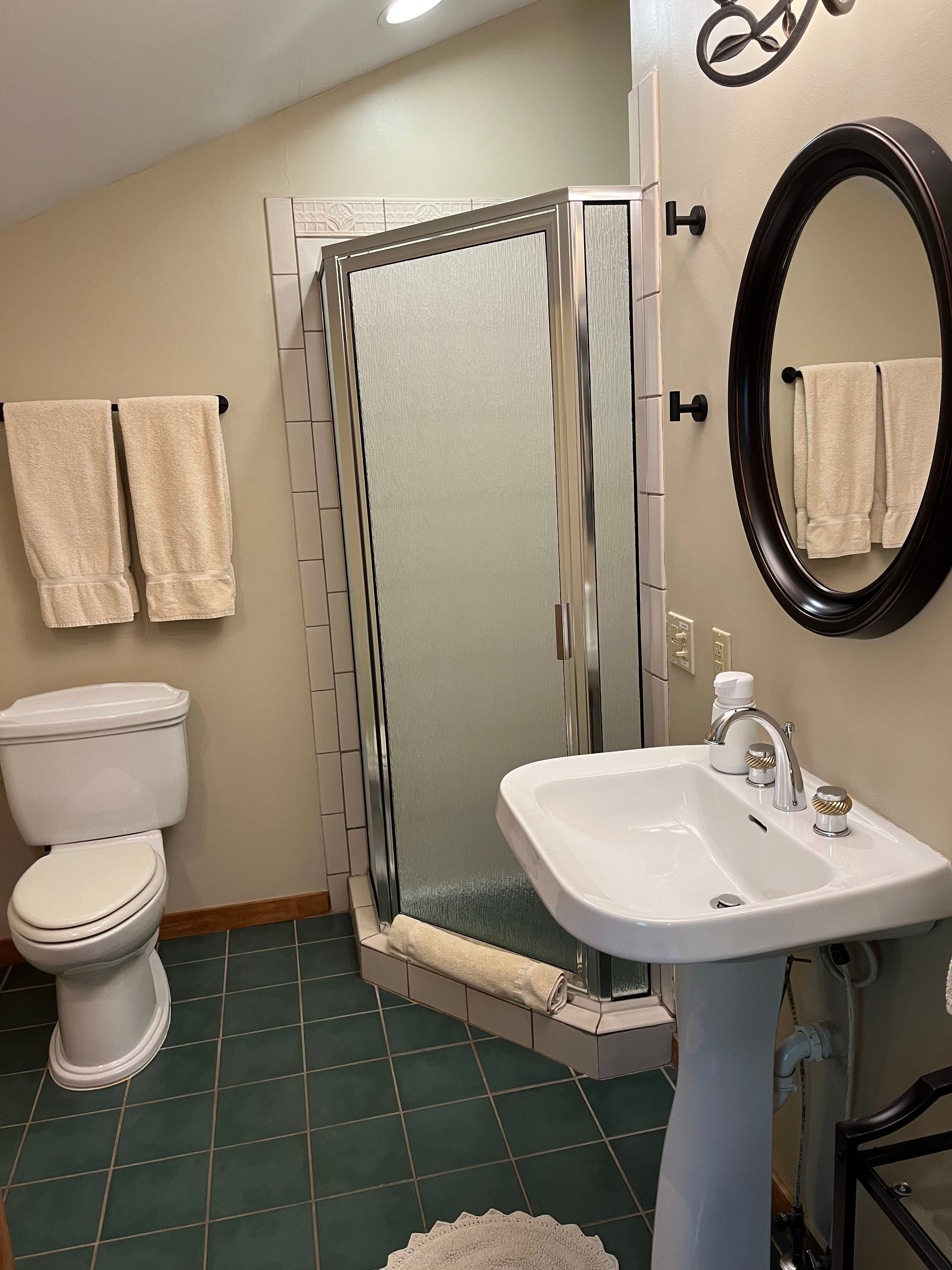 View of bathroom including shower, toilet and sink