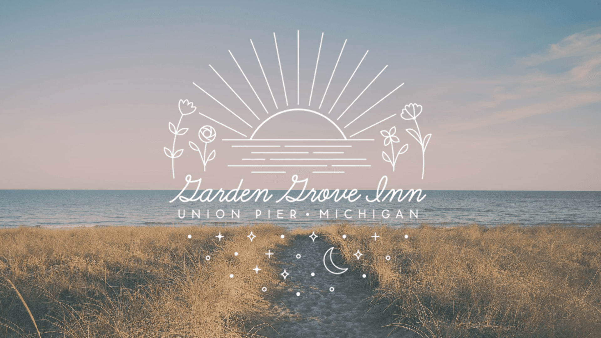 A serene beach scene with the text "Garden Grove Inn, Union Pier, Michigan" and decorative sun and floral elements.